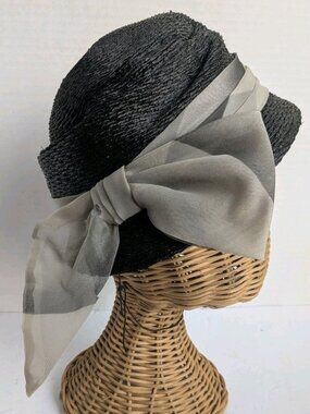 Vintage 1960s Lyann Millinery Calgary Black Cocktail Hat Sheer Bow Derby Cloche